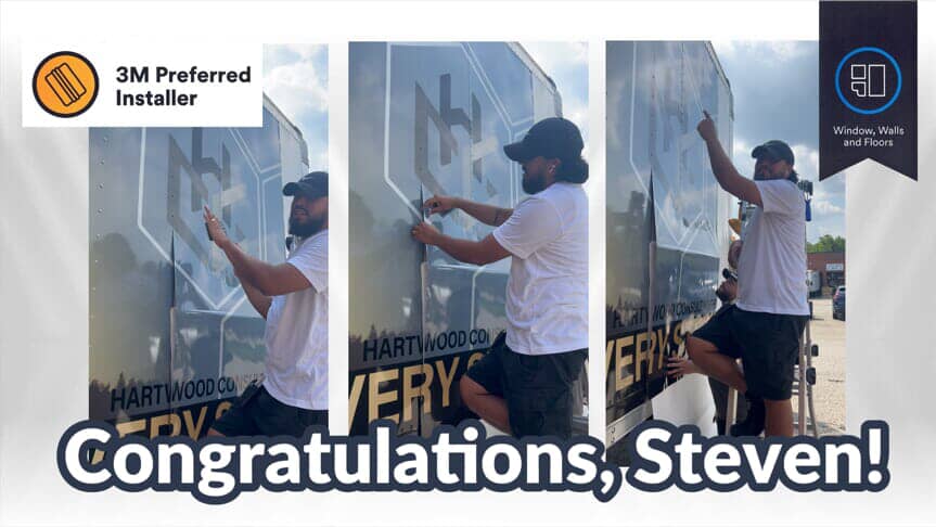An image of Steven installing signs that says "Congratulations, Steven!" on the bottom.